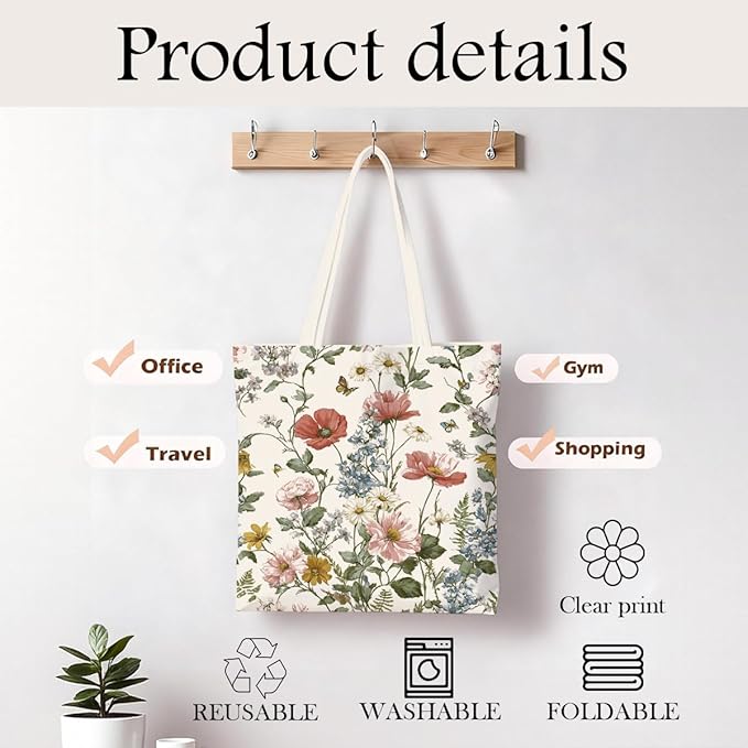 Canvas Tote Bag for Women, Vintage Print Handbag, Aesthetic Shopping Bag for Work Travel Beach, Everyday Shoulder Tote