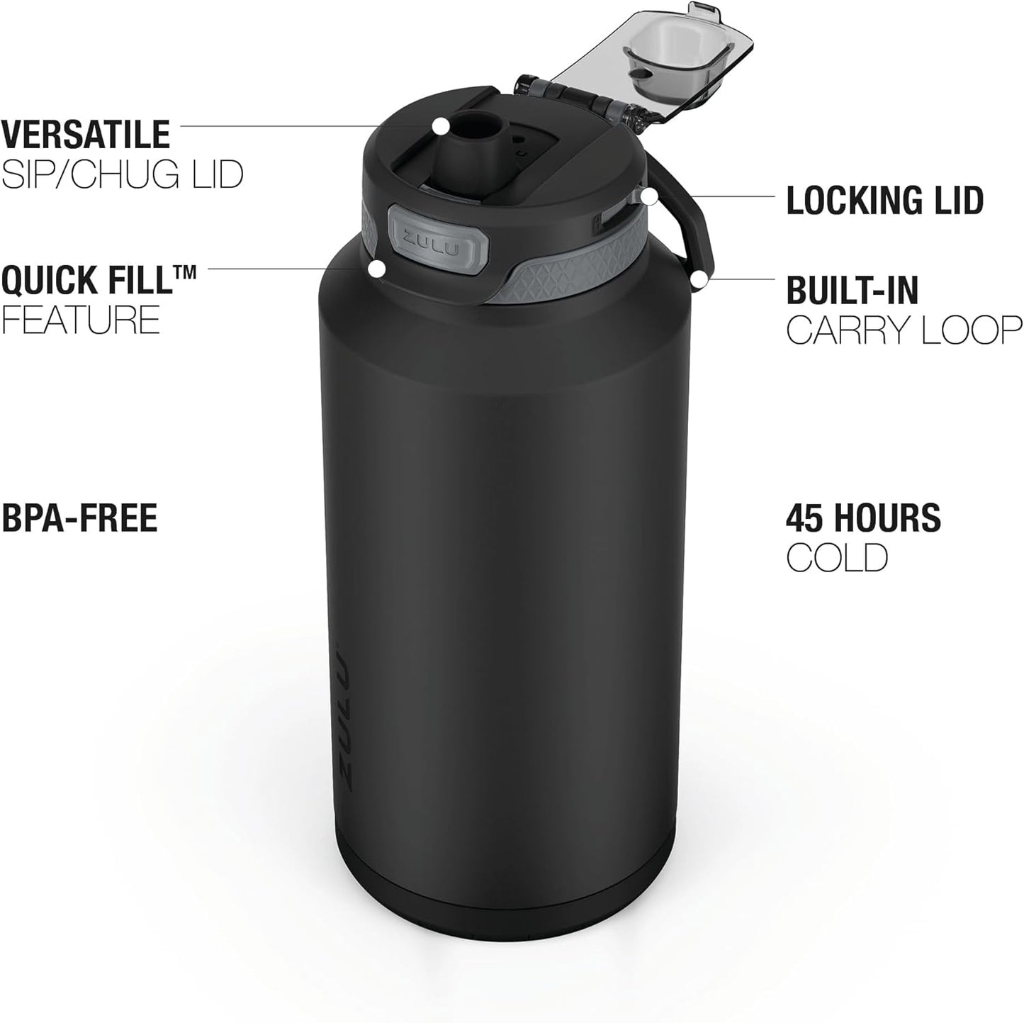 ZULU Powerfill Pro 64oz Half Gallon Stainless Steel Water Bottle with Quick Fill Lid, Triple Walled Vacuum Insulated Metal, Leak Proof Locking Lid, Sip and Chug, Reusable BPA Free, Black Monochrome