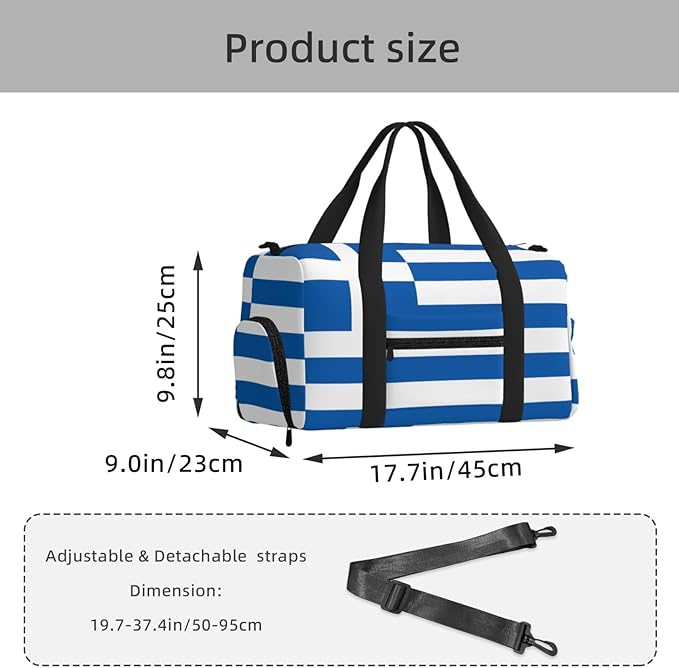Greek flag Print Gym Bag with Shoe Compartment for Women Men, 17.7in Sports Duffle Weekender Tote, Overnight Travel Duffel Bag Carry On