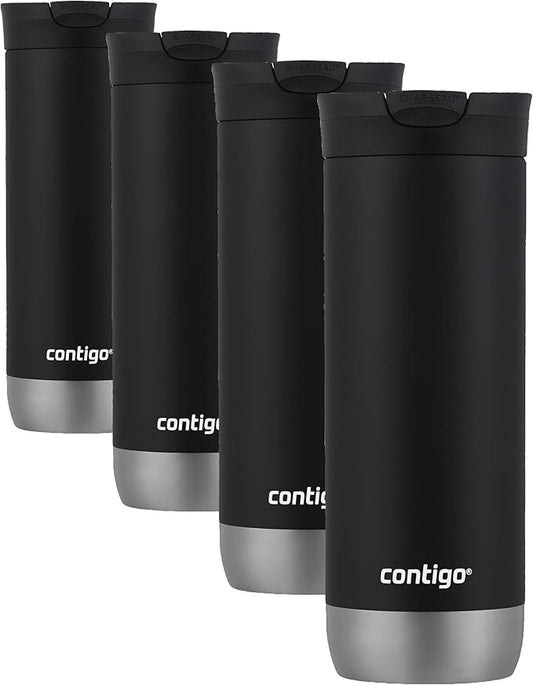 Contigo Huron Vacuum-Insulated Stainless Steel Travel Mug,16oz Licorice - Leak-Proof Lid for Hot/Cold Beverages,Fits Most Cup Holdersand Brewers,(Pack of 4)