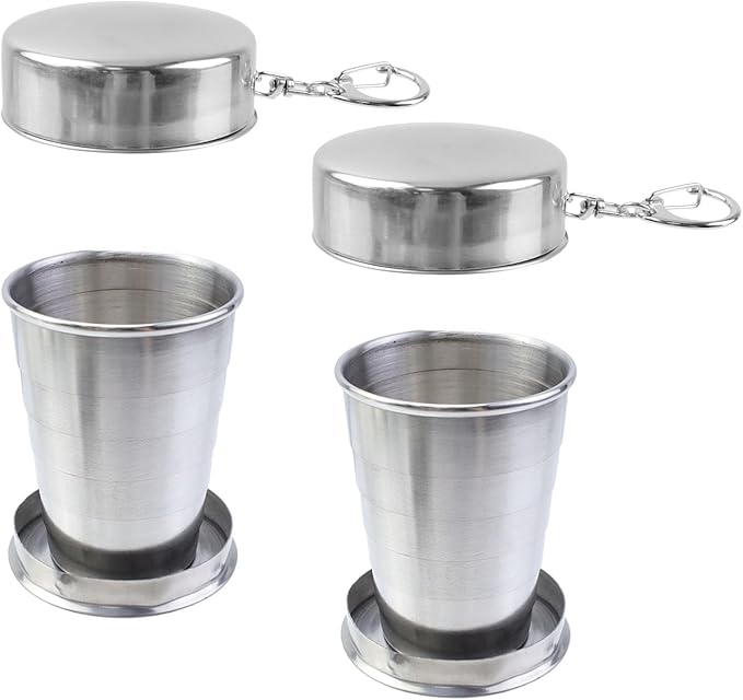 MY MIRONEY 2PCS Stainless Steel Collapsible Cup Telescopic Shot Glasses Portable Outdoor Folding Cup with Metal Keychain and Lid for Travel, Camping, Picnic (2.5 Oz)