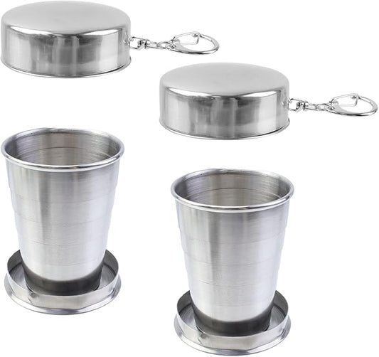 MY MIRONEY 2PCS Stainless Steel Collapsible Cup Telescopic Shot Glasses Portable Outdoor Folding Cup with Metal Keychain and Lid for Travel, Camping, Picnic (2.5 Oz)