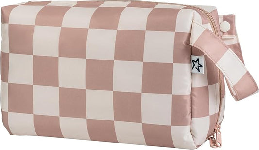 Tiny Twinkle Waterproof Travel Toiletry & Makeup Bag Organizer | Makeup Pouch with Multiple Compartments & Snap Handle for Travel | Gift for Teen Girls and Women（Beige Checkers