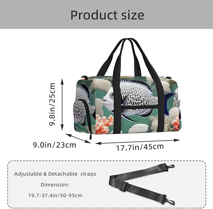 White Tropical Fish Print Gym Bag with Shoe Compartment for Women Men, 17.7in Sports Duffle Weekender Tote, Overnight Travel Duffel Bag Carry On