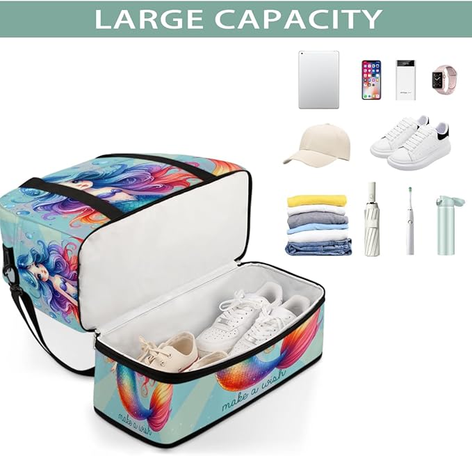 Rainbow Mermaid Girls Large Weekender Bag with Shoe Compartment Travel Duffel Bags for Women Carry On Hospital Overnight Bag Foldable Personal Item Travel Bags Tote Gym Sports Airplanes