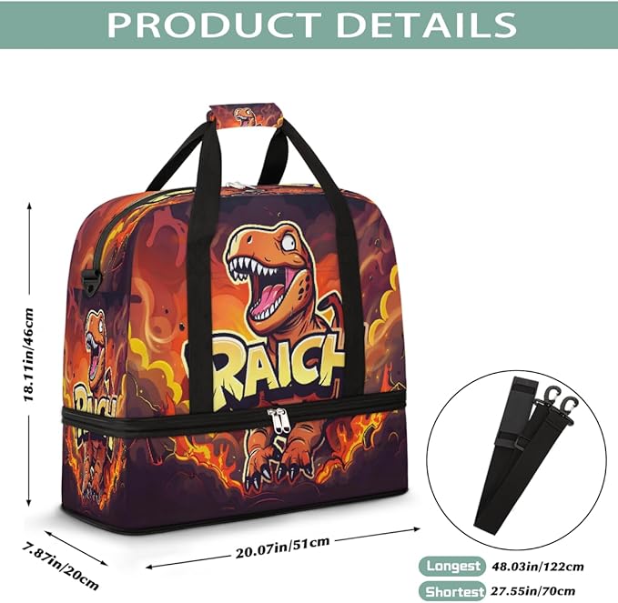 Red Animal Dinosaur Large Weekender Bag with Shoe Compartment Travel Duffel Bags for Women Carry On Hospital Overnight Bag Foldable Personal Item Travel Bags Tote Gym Sports Airplanes