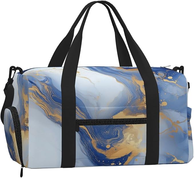 Sports Gym Bag Blue Golden Marble Pattern Travel Duffel Bag With Shoe Compartment Shoulder Strap, Lightweight Water-Resistant Weekend Overnight Totes For Women Men