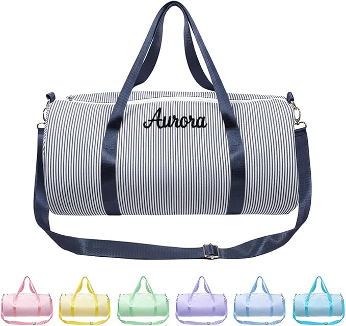 Personalized Seersucker Duffle Bag for Girls, Custom Dance Bag with Embroidered Name,Overnight Bag Ballet Gym Weekender Travel Bag
