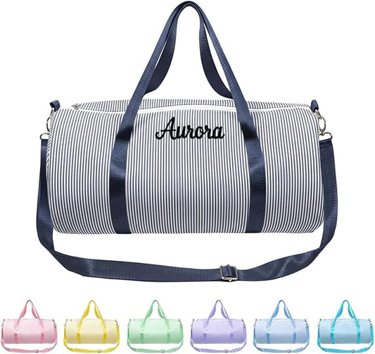 Personalized Seersucker Duffle Bag for Girls, Custom Dance Bag with Embroidered Name,Overnight Bag Ballet Gym Weekender Travel Bag