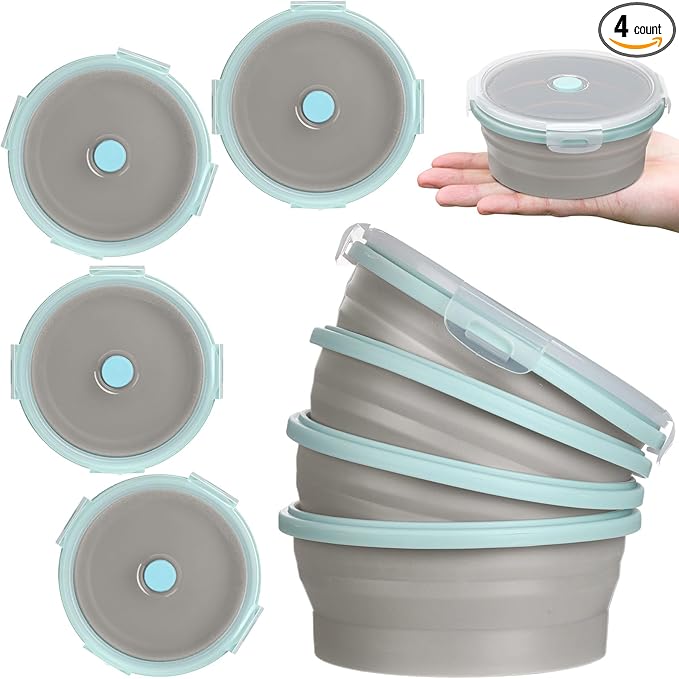 Suclain 4 Pcs Collapsible Bowls with Lids Silicone Camping Food Storage Container Expandable Folding Salad Lunch Box Travel Container for Hiking Camping