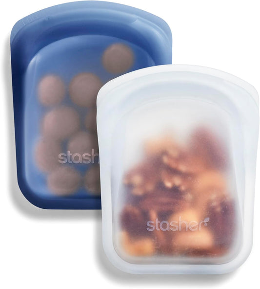 Stasher Premium Silicone Reusable Food Storage Pocket 2-Pack, Clear + Deep Ocean, Multi-Use Food Storage Bags, Lunch Bag, Travel Containers, BPA Free, Leak-free, Dishwasher-Safe, Eco-friendly, 4 Oz