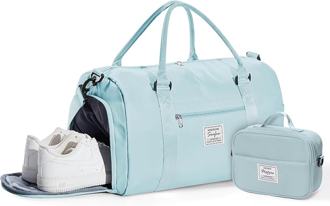 Gym Bag Womens Mens with Shoes Compartment and Wet Pocket Travel Duffel Bag for Women for Plane Sport Gym Tote Bags with Toiletry Bag Waterproof Weekend Overnight Carry on Bag Hospital Holdalls
