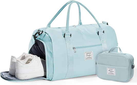 Gym Bag Womens Mens with Shoes Compartment and Wet Pocket Travel Duffel Bag for Women for Plane Sport Gym Tote Bags with Toiletry Bag Waterproof Weekend Overnight Carry on Bag Hospital Holdalls