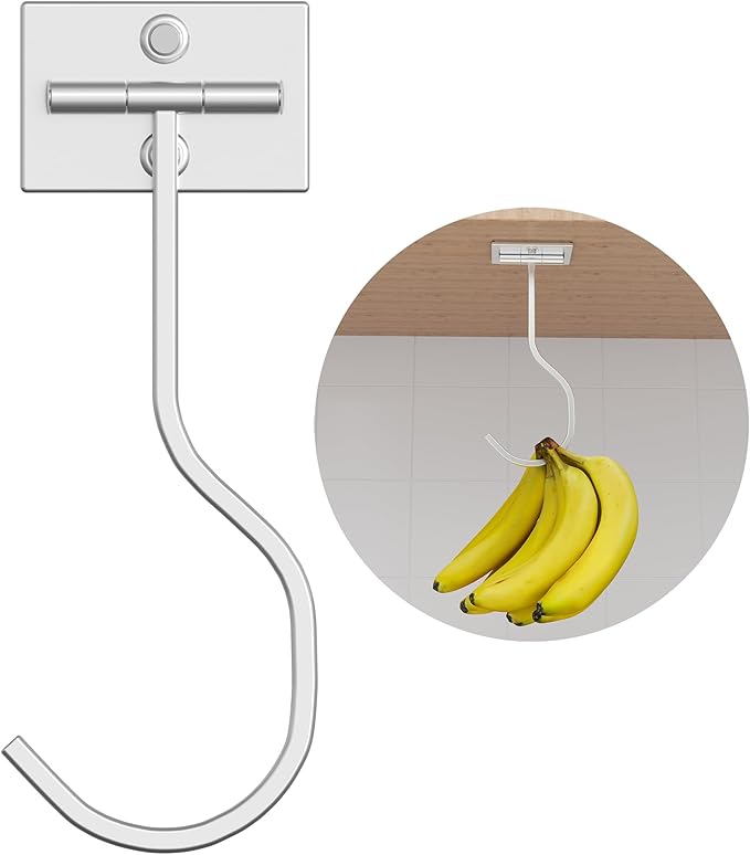 Under Cabinet Banana Hook Foldable - Adhesive Banana Hanger Under Counter, Heavy Duty Stainless Banana Holder (13lb), Magnetic Fold-Up When Not in Use, Premium Material, Silver