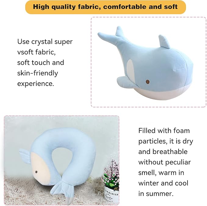 Kids Travel Pillow - 2-in-1 Deformable Kids Neck Pillow for Traveling, Soft U-Shaped Pillow with Adorable Animal Design, Comfy Sleep and Play, Ideal for Airplanes and Cars - Blue Whale