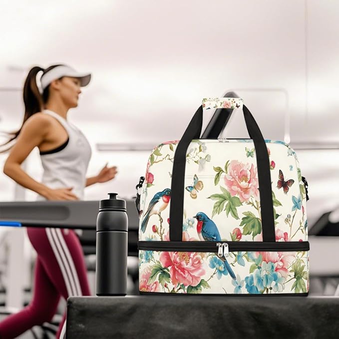 Pink Flower Bird Butterfly Large Weekender Bag with Shoe Compartment Travel Duffel Bags for Women Carry On Hospital Overnight Bag Foldable Personal Item Travel Bags Tote Gym Sports Airplanes