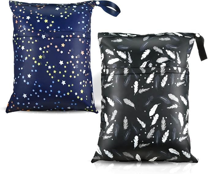 2 Pcs Waterproof Reusable Wet Dry Bag for Diaper Baby Cloth Gym Clothes Washable Travel Bags for Beach Pool Swimsuits Pockets with Two Zippered Dirty Diapers Stroller Yoga Toiletries Daycare Organizer