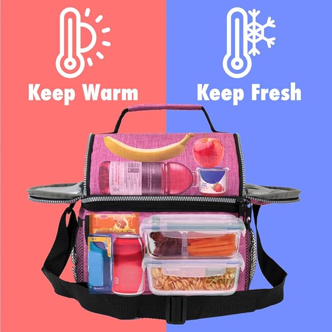 opux Lunch Bag Women Insulated, Adult Lunch Box Cooler, Lunch Box for Men, Dual Compartment Lunchbox for Work, Leakproof Double Decker Lunch Bag, Soft Lunch Pail Tote Girls Boys Kids School, Pink