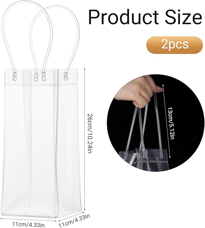 2 PCS Wine Cooler Bag, Clear Pvc Ice Wine Bag with Handle, Portable Foldable Wine Cooler Sleeve Bottle Bags for Party, Outdoor, Champagne, Cold Beer, White Wine Beverage