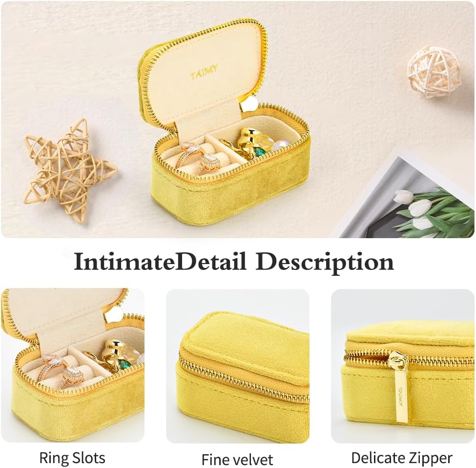 Small Travel Jewelry Case, Mini Tiny Plush Velvet Jewelry Box for Women and Girls, Pocket Size Jewelry holder organizer for Rings Earrings and Small Items(Yellow)
