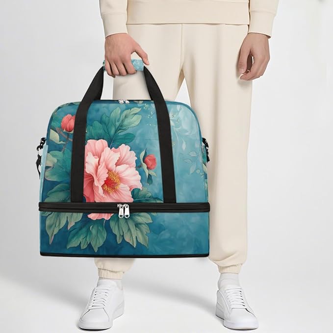 Pink Flowers Green Leaves Large Weekender Bag with Shoe Compartment Travel Duffel Bags for Women Carry On Hospital Overnight Bag Foldable Personal Item Travel Bags Tote Gym Sports Airplanes