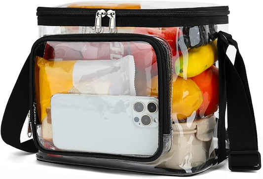 FlowFly Insulated Reusable Lunch Bag Adult Large Lunch Box for Women and Men with Adjustable Shoulder Strap,Front Zipper Pocket and Dual Large Mesh Side Pockets, Clear