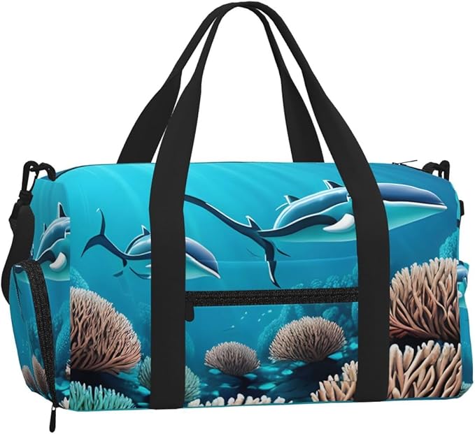 Deep Sea Whales Print Gym Bag with Shoe Compartment for Women Men, 17.7in Sports Duffle Weekender Tote, Overnight Travel Duffel Bag Carry On