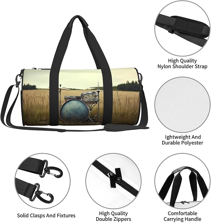 Music Drum in Field Sports Gym Bag for Women Men Travel Duffel Bag Tote Weekender Bag Canvas Carry on Overnight Bag for Travel Swimming Fitness Workout Sports Duffle Bag