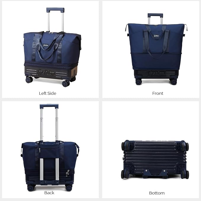 Rolling Duffle Bag with Wheels and Handle, Expandable Foldable Travel Bag - Wheeled Carry On Luggage, Collapsible Suitcase for Weekend Trips, Gym, Large Capacity & Waterproof (Blue)