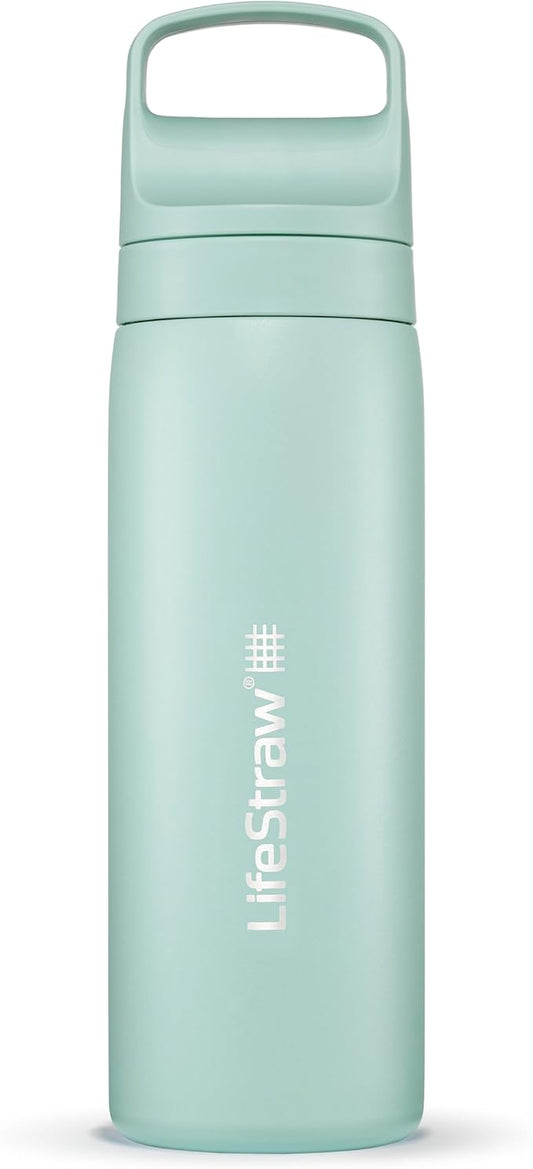 LifeStraw Go Series – Insulated Stainless Steel Water Filter Bottle for Travel and Everyday Use, Removes Bacteria, Parasites and Microplastics, Improves Taste, 18oz Seafoam