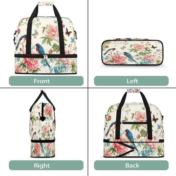 Pink Flower Bird Butterfly Large Weekender Bag with Shoe Compartment Travel Duffel Bags for Women Carry On Hospital Overnight Bag Foldable Personal Item Travel Bags Tote Gym Sports Airplanes