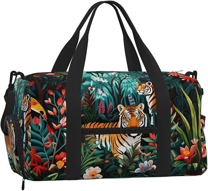 Sports Gym Bag Forest Animals Tiger Floral Travel Duffel Bag With Shoe Compartment Shoulder Strap, Lightweight Water-Resistant Weekend Overnight Totes For Women Men