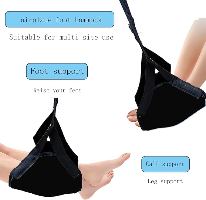 Airplane Foot Hammock for Plane Travel Ajustable Foot Rest for Plane Comfort Sling Airplane Gadgets for Adult Long Fling,Plane Travel Essentials (Black)