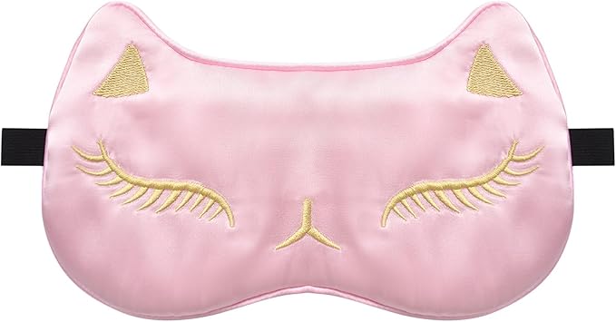 Cute Cat Silk Sleep Mask Adjustable Eye Mask Sleeping Mask Eye Cover Soft Satin Blindfold Eye Shade for Girls Women Men Travel Nap - Pink