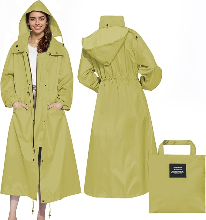 LAMA Womens Long Raincoats Rain Jacket Waterproof Packable Hooded Windbreaker Lightweight Adjustable Waist for Outdoor
