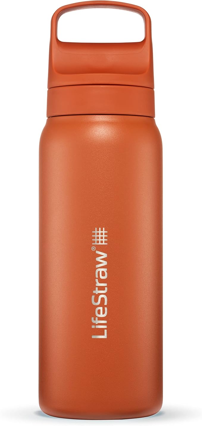 LifeStraw Go Series — Insulated Stainless Steel Water Filter Bottle for Travel and Everyday Use Removes Bacteria, Parasites and Microplastics, Improves Taste, 24oz Kyoto Orange