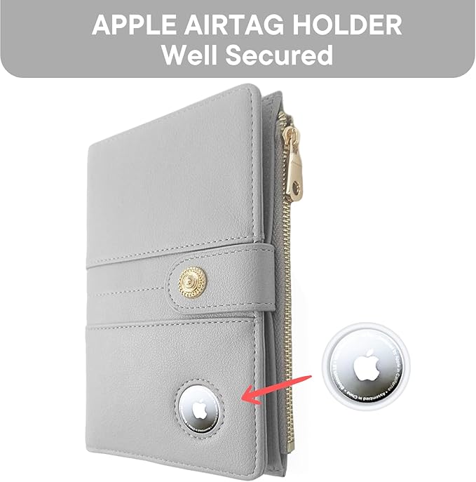 elzama Passport Holder with Airtag Slot for Travel Women, RFID Passport Wallet with Airtag Holder, Zipper Pocket Card Slots Pen Holder & Airtags Keychain (Air tag Not Included) Light Grey