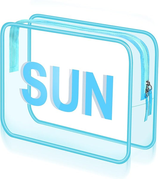 Clear Sun Bag Travel Beach Makeup Pouch 9.5" x 7" x 3.5" Large Blue Toiletry Cosmetic Bag PVC Waterproof Transparent Zippered Organizer for Women Girl Summer