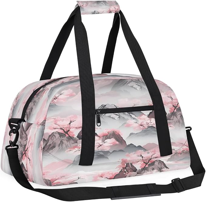 Travel Duffle Bag, Pink Cherry Blossom Mountains Waterproof Weekender Overnight Bags for Women Men Lightweight Carry on Duffle Gym Bag for Travel, Sports, Fitness, Workout