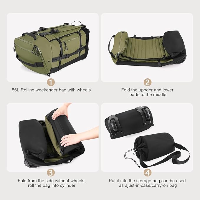 Rolling Duffle Bag with Wheels,86L 30”Folding Duffle Backpack with 2 Wheels,Travel Bag with Separate Shoe Compartment (Green)