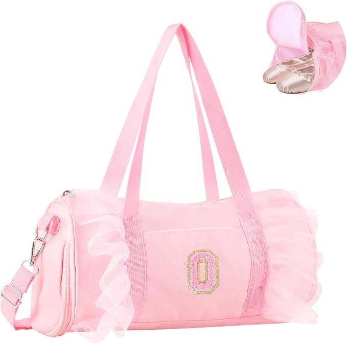 Personalized Initial Dance Bag for Girls 6-9, Medium Lace Gym Sport Yoga Cheer Dance Bags Gift for Teen Girls, Cute Letter Kids Ballet Bag Toddler Travel Duffel Tote with Adjustable Straps(Pink-O)