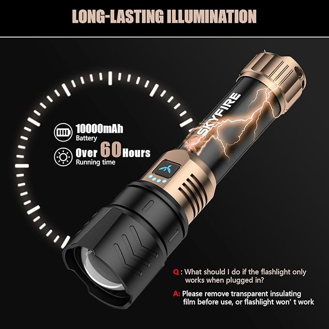 SKYFIRE Rechargeable Flashlight High Lumens,10000mAh Super Bright Flashlight,Zoomable,Four Modes,Waterproof LED Flash Light for Camping Essentials,Outdoor and Home Emergencies
