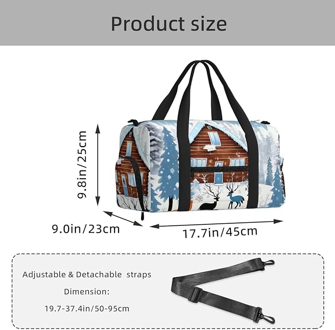Winter Fawn Print Gym Bag with Shoe Compartment for Women Men, 17.7in Sports Duffle Weekender Tote, Overnight Travel Duffel Bag Carry On