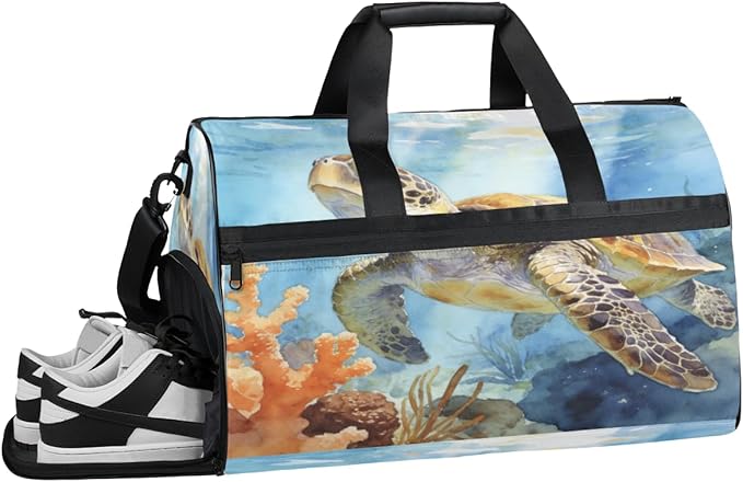 Ocean Turtle Design Sports Gym Bag with Wet Pocket & Shoes Compartment Waterproof Workout Duffel Bag for Women and Men Weekender Overnight Duffle Bag Travel Carry-on Tote