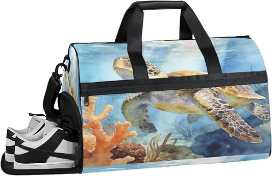 Ocean Turtle Design Sports Gym Bag with Wet Pocket & Shoes Compartment Waterproof Workout Duffel Bag for Women and Men Weekender Overnight Duffle Bag Travel Carry-on Tote