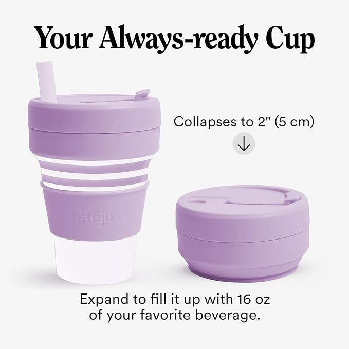 STOJO Collapsible Travel Cup - Reusable To-Go Pocket Size Silicone Bottle for Hot and Cold Drinks - Perfect for Camping - Microwave & Dishwasher Safe (Translucent Lilac, 16, ounces)