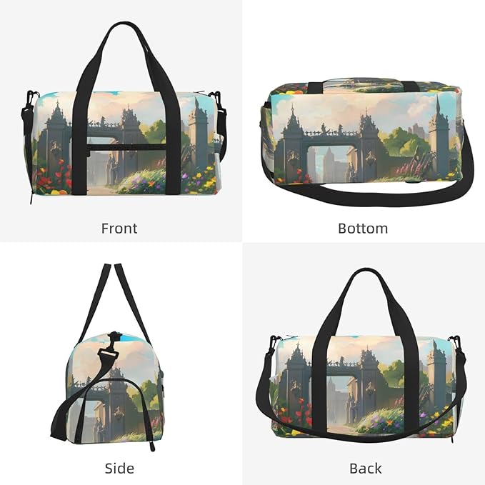 Outside the Castle Gate Print Gym Bag with Shoe Compartment for Women Men, 17.7in Sports Duffle Weekender Tote, Overnight Travel Duffel Bag Carry On