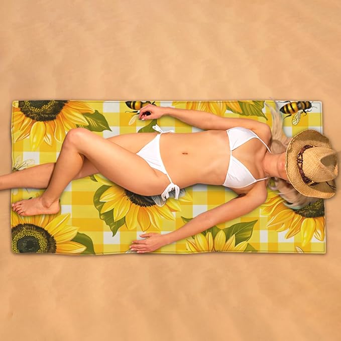 Sunflower Bee Summer Beach Towel, Large Microfiber Quick Dry Lightweight Pool Bath Towels Sand Free Beach Blanket for Summer Cruise Yoga Camping Travel Vacation Essentials 31 x 61 in