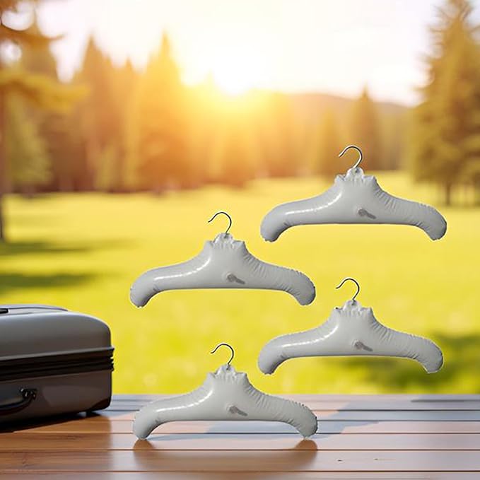 Coralpearl Inflatable Hangers for Travel X 4 in White Round Shoulder, Air Blow up Clothes Drying Hangars with Metal Hook, Compact, Space Saving, Foldable, Portable, Non Slip for Hand Wash Laundry