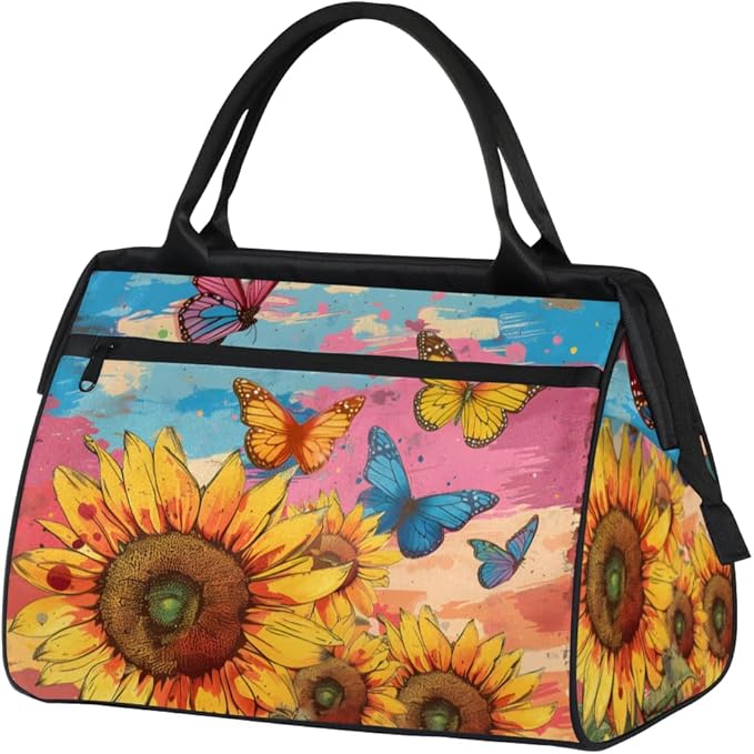 Sunflowers Butterfly Overnight Weekender Bag for Women Men Travel Duffel Bags Waterproof Luggage Carry on Sports Yoga Gym Bag